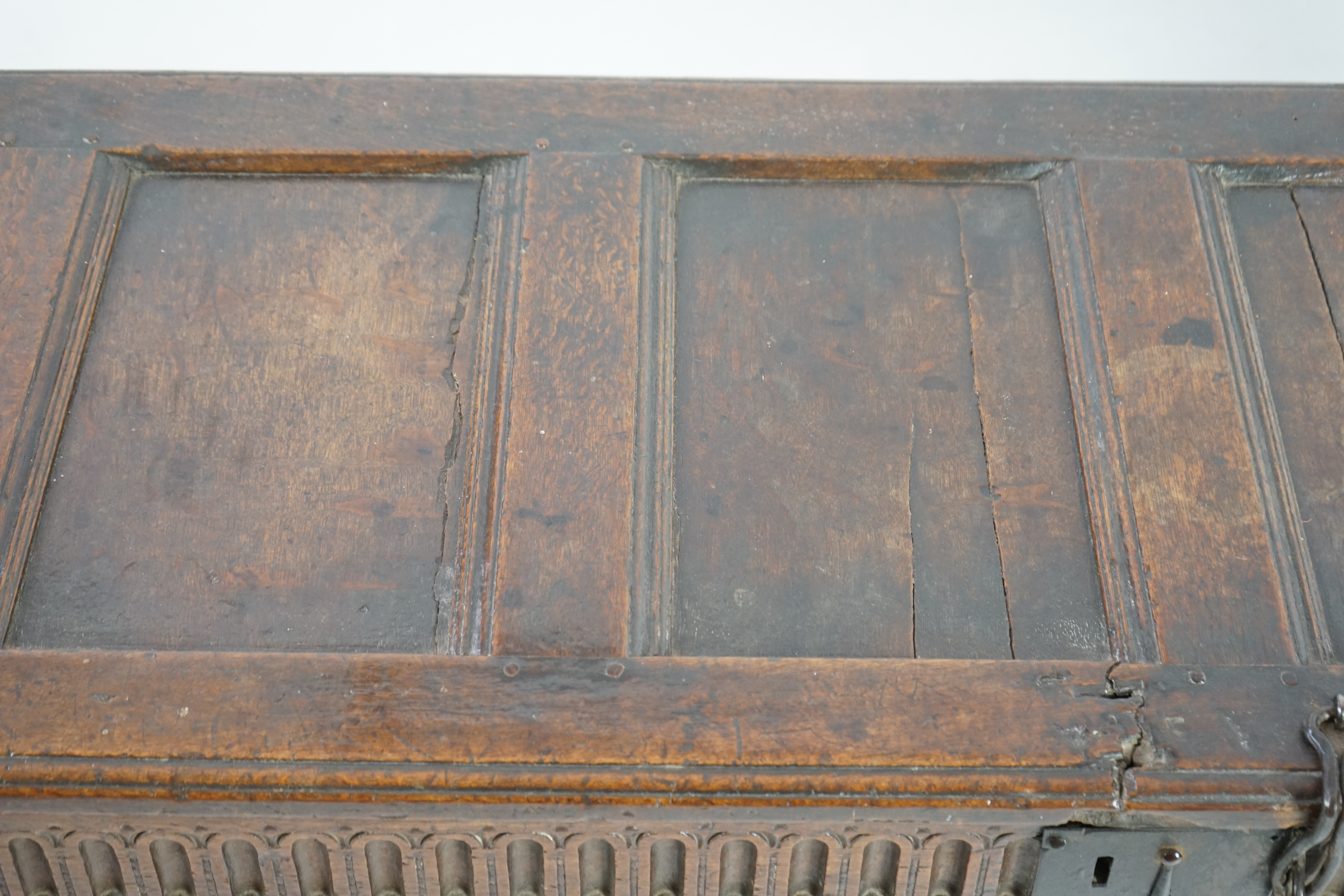 A 17th century panelled oak coffer